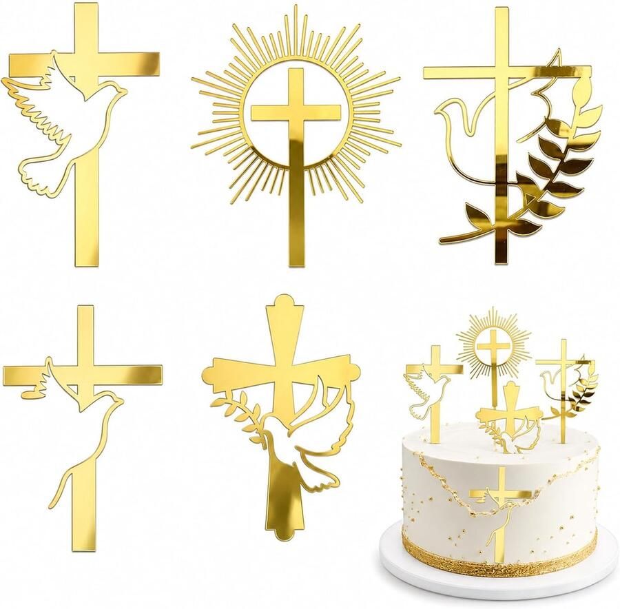 5 acryl taarttoppers met kruis en duif goudkleurig – voor doop communie vormsel en bruiloften