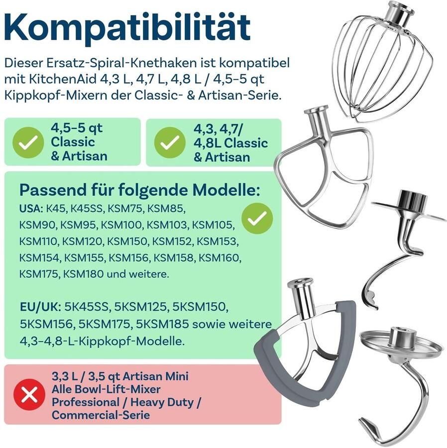 5-Delige Accessoireset voor KitchenAid 4 5-5 Quart Tilt-Head Stand Mixers Artisan & Classic Series van MMOBIEL K45 6-Draads Garde Platte Mixer Flex Edge Klopper Spiralen Deeghaak & Deegha