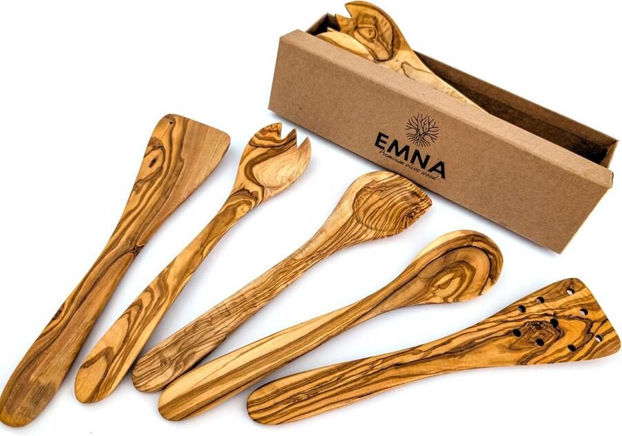 5-delige Olijfhouten Keukengerei Set Houten Spatel Lepel en Saladebestek in Geschenkdoos