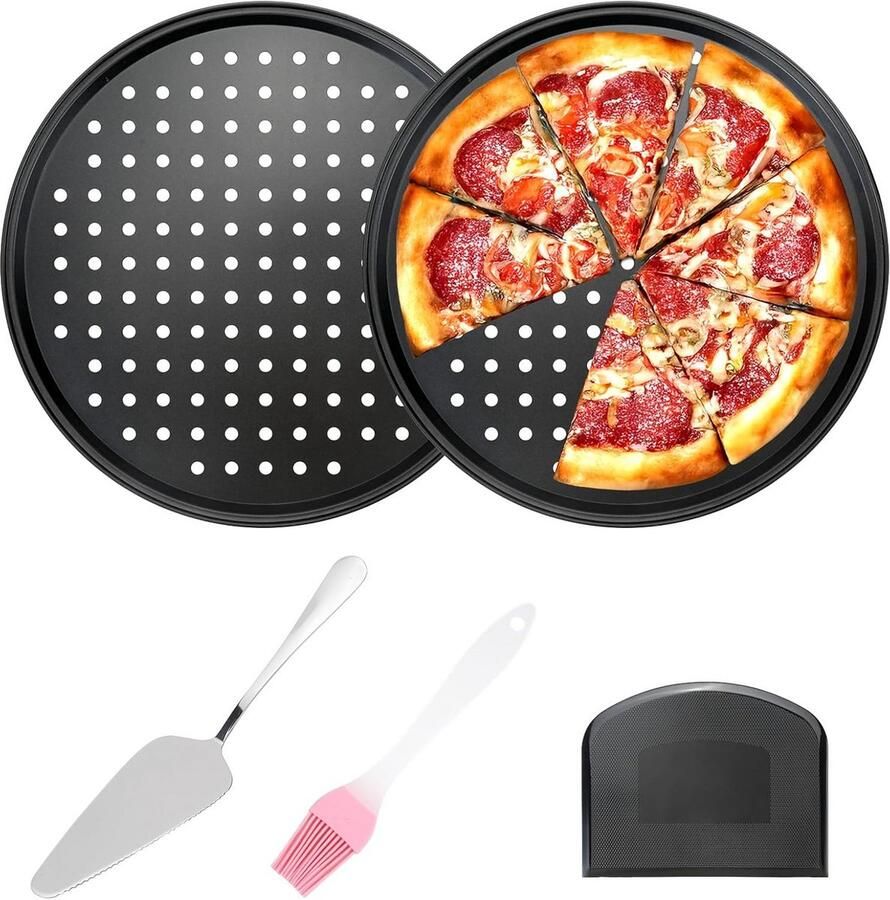 5-delige pizzabakset met geperforeerde pannen antiaanbaklaag spatel en snijder roestvrij staal geschikt voor oven en grill
