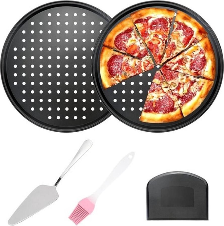 5-delige pizzabakset met geperforeerde pannen en antiaanbaklaag met spatel en snijder van roestvrij staal geschikt voor oven en grill