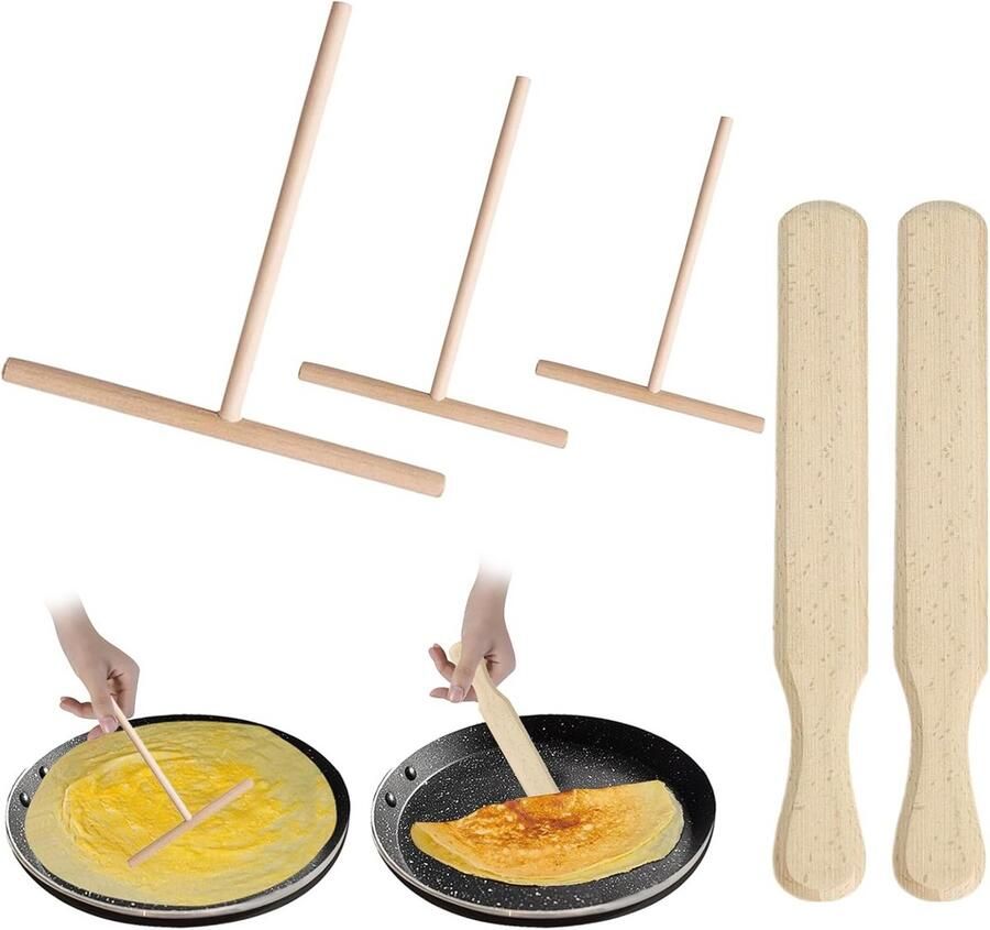 5-delige Set Pannenkoeken Set: T-Vormige Deegverdelers (3 maten) & Houten Pannenkoekspatel