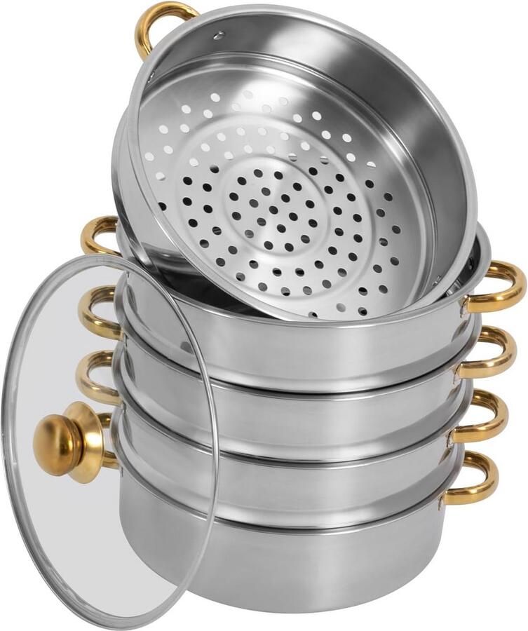 RVS Stoompan met 5 Etages en Glazen Deksel Geschikt voor Inductie en Gas