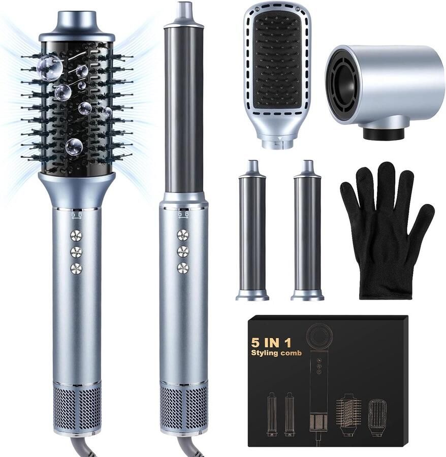 5-in-1 Air Brush Hair Styler Airbrush 1400 W haardroger met airbrush haar stijlborstel krultang voor drogen krullen gladmaken vrouwen 200 miljoen negatieve ionen grijs