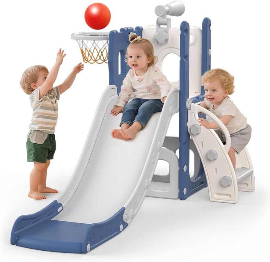 5-in-1 glijbaan voor kinderen 5-in-1 glijbaan voor binnen en buiten speelplaats voor kinderen met basketbalmand opbergruimte en telescoop speelplaats voor kinderen vanaf 1 jaar blauw