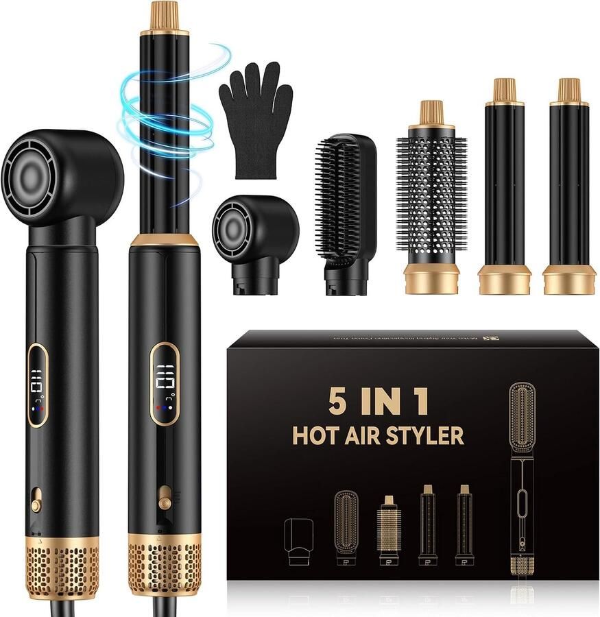 5-in-1 Hairstyler haarstyler 1000 W LCD-luchtborstel ronde borstel krultang en stijltang 3 temperatuurstanden voor volume gladmaken krullen en blowout styling