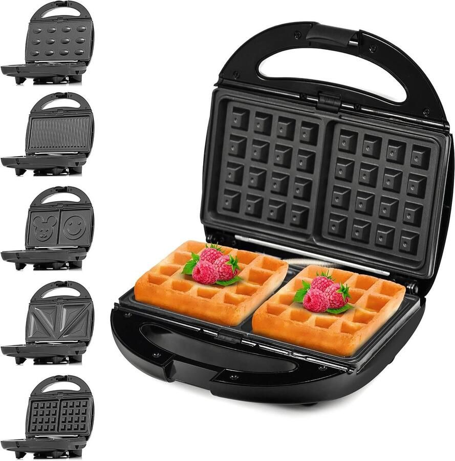 5-in-1 Keukenapparaat Wafelijzer Tosti-apparaat Snelle Snacks Maken Vijf Verwisselbare Platen 800 Watt Zwart Zilver - Foto 1