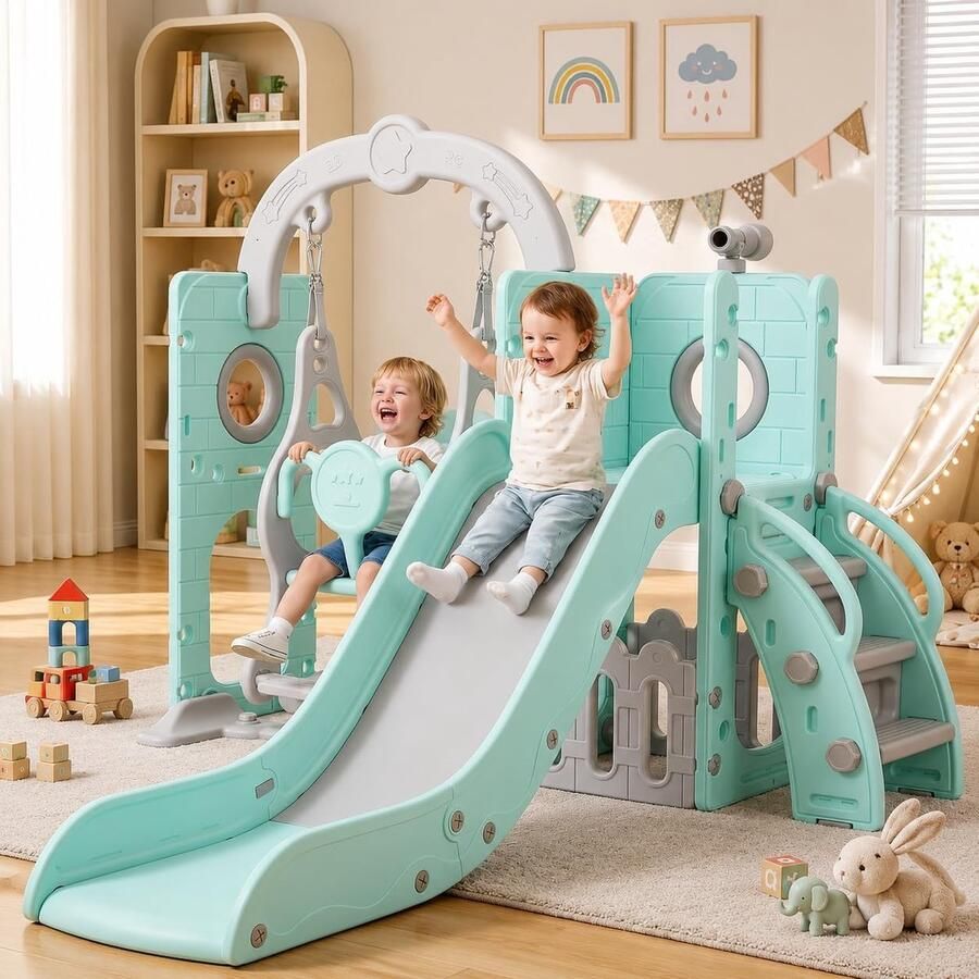 5-in-1 Kinderglijbaan met Schommel Klimrek Telescoop Opbergruimte Binnen- en Buiten Vrijstaande Glijbaan Speeltuin Voor Peuters Schommelset Voor max. 60KG Van 1-6 Jaar