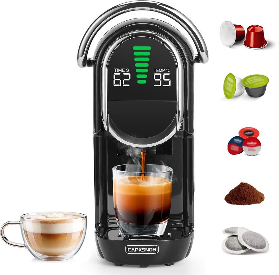 5-in-1 Koffiecupmachine voor 44mm Pads & Gemalen Koffie 20 Bar 1450W LED-display 7 Waterstanden Warm-Koude Modus Koffiemachine
