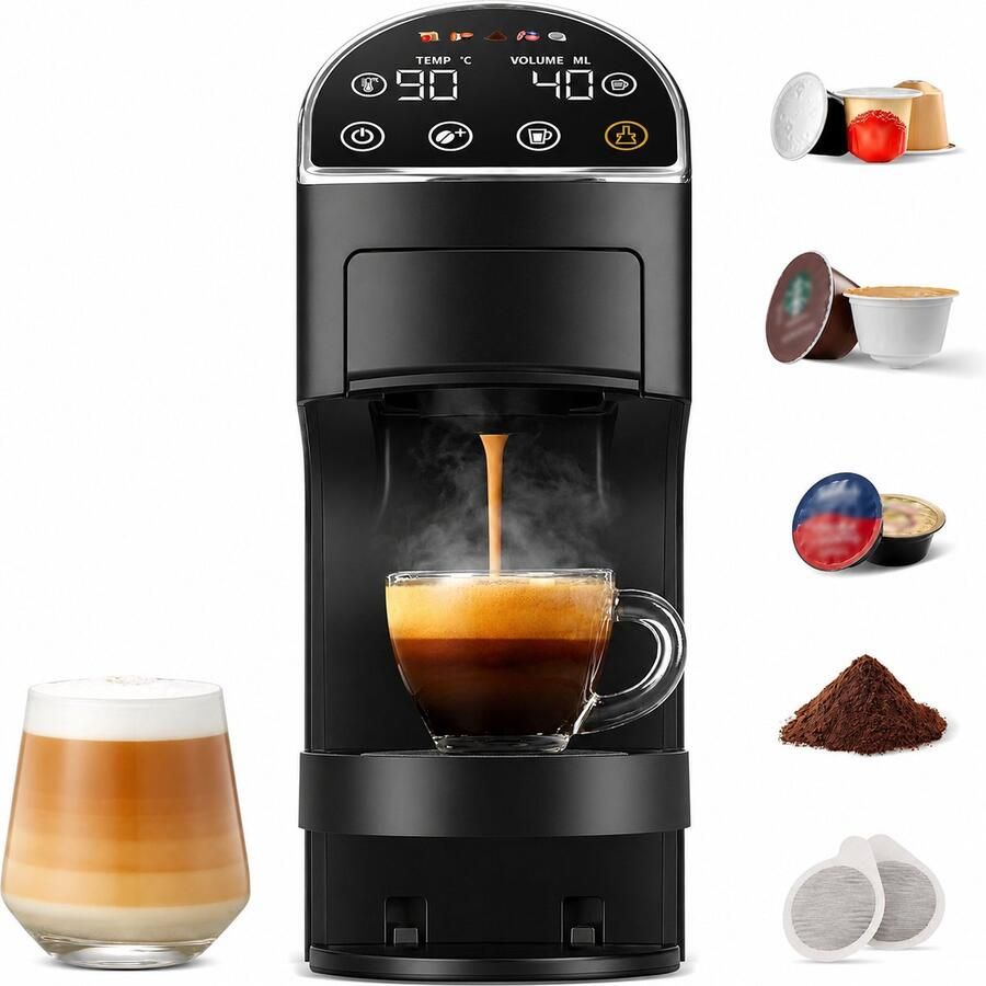 5-in-1 Koffiemachine voor Nespresso Original Dolce Gusto Lavazza A Modo Mio ESE 44mm Pads & Gemalen Koffie LED Touchscreen Auto-Aanpassing 20 Bar Compact voor Thuis en Kantoor