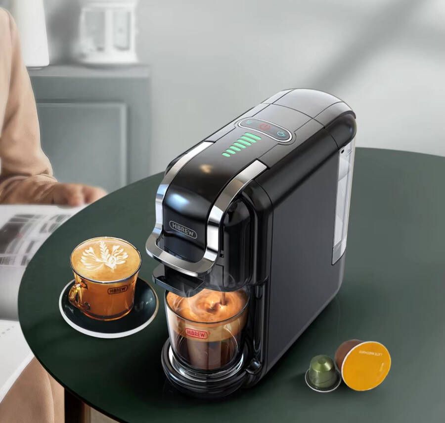 HiBrew 5 in 1 Koffiezetapparaat Senseo Meerdere Capsules Koffiepadmachine Koffiemachine Cappuccino Latte Heet Koud 19B 1450W Zwart