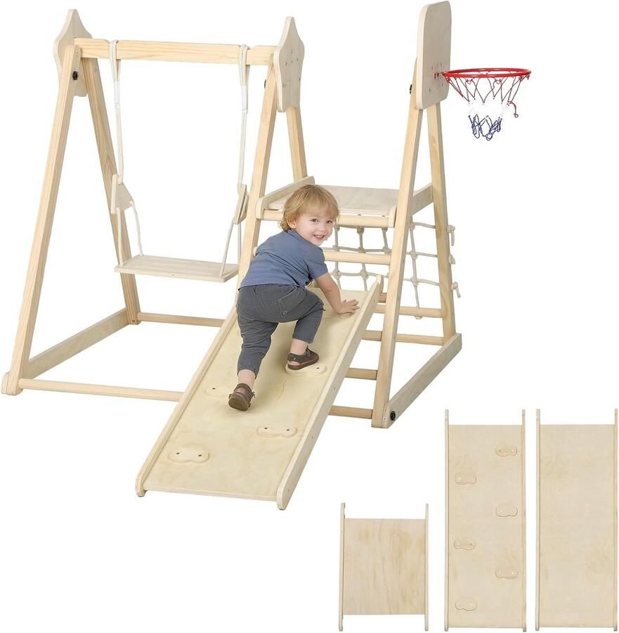5-in-1 Montessori Indoor Houten Klimdriehoek met Glijbaan Schommel Klimnet en -bord Basketbalring Opvouwbaar Speelplaats voor Kinderen van 3-6 Jaar Natuur