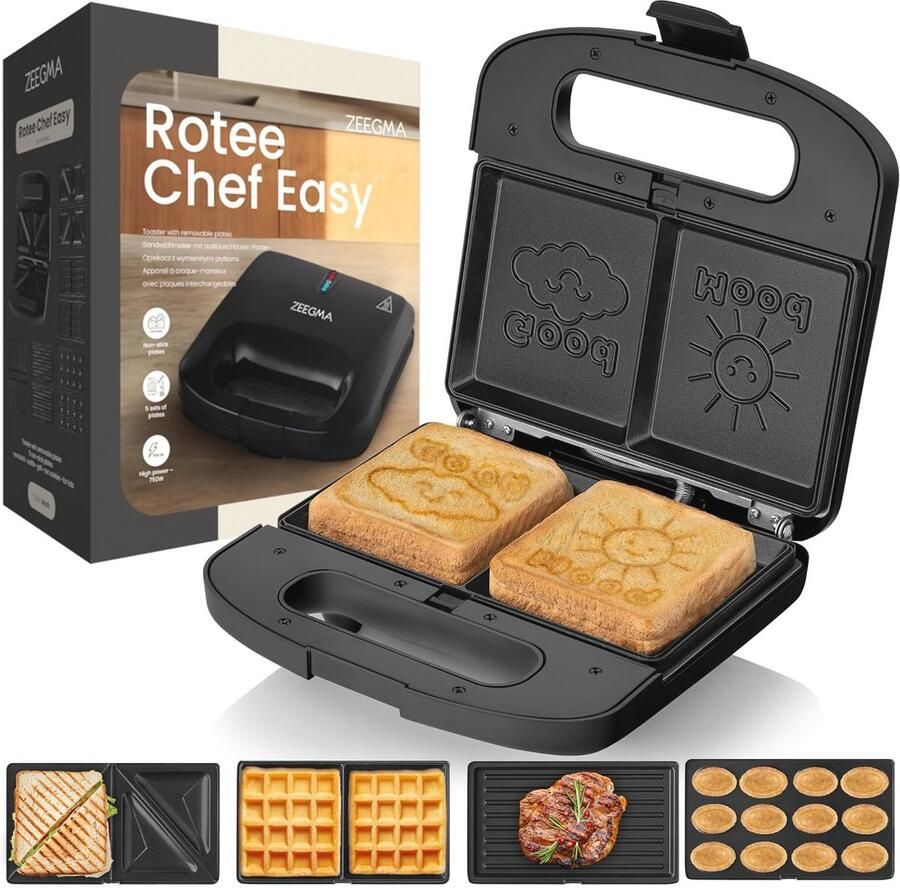 5-in-1 Multicooker voor sandwiches wafels grill en snacks met anti-aanbaklaag en LED-indicatoren
