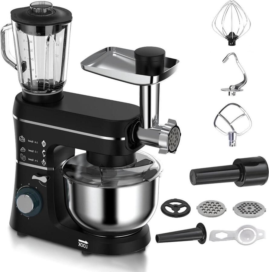 5-in-1 multifunctionele staande mixer 1400W 6 snelheden kantelbare kop vleesmolen 10L roestvrijstalen kom met deeghaak mengklopper garde 1 5L sapbeker black