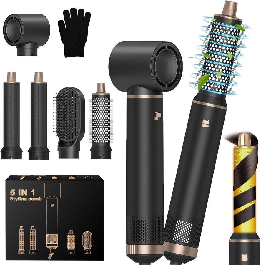 5-in-1 professionele haarstyler airstylerset met automatische krultangen föhn ionen warmteborstel stijlborstel voor alle haartypes haarstyler voor volume drogen gladmaken en