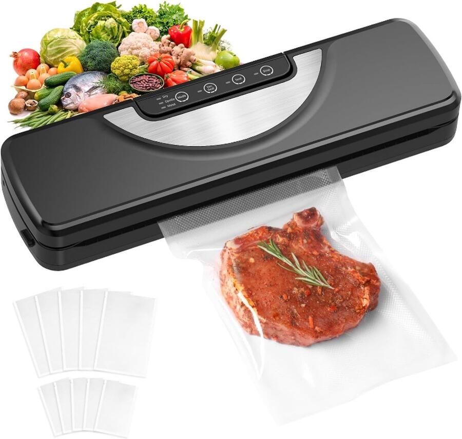5-in-1 Vacuüm sealer machine met snijder en wasbare bak sous vide folielasapparaat incl. 10 zakken en slang zwart