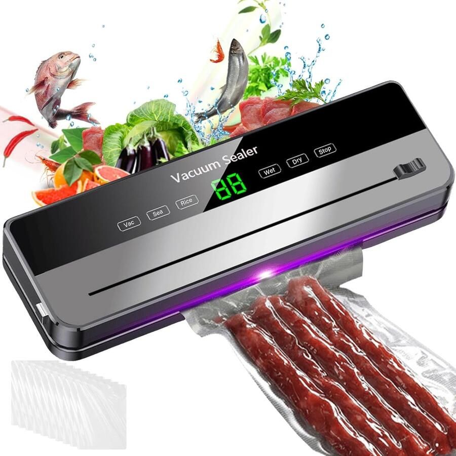 5-in-1 vacuümapparaat levensmiddelen-vacuümapparaat met 10 stuks 20 x 30 cm vacuümzakken 65 kpa afneembaar folielasapparaat met led-display en cutter voor droge en vochtige levensmiddelen (grijs)