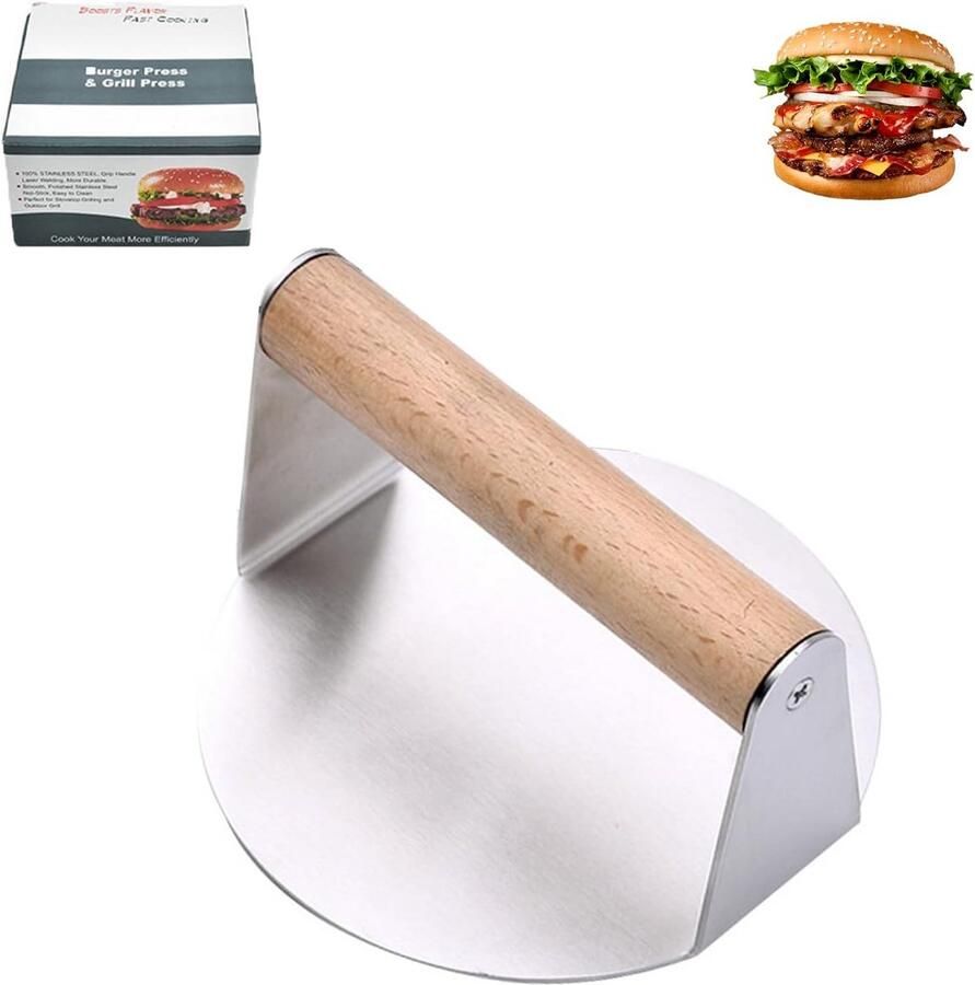 5 Inch 304 RVS Burgerpers met Houten Handvat Smash Burger Smasher voor Platte Grill