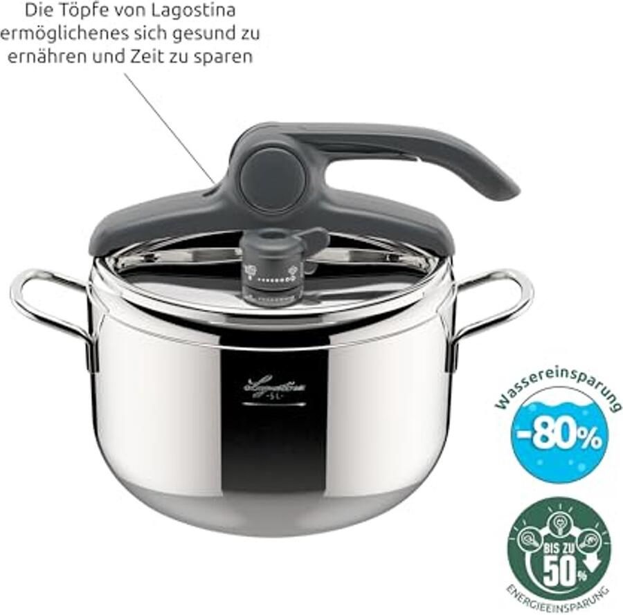 5 L RVS Snelkookpan met Stoomfunctie Ø 22 cm Geschikt voor Inductie en Gas Eenvoudig Deksel Systeem 3-laags Bodem