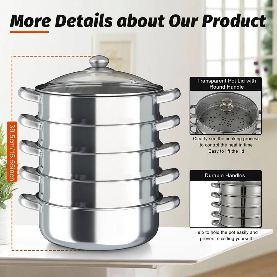 Mylucinda 5-Laags Roestvrijstalen Stoomkoker Ø26cm Duurzame Multi-Cooker voor Gezond Koken