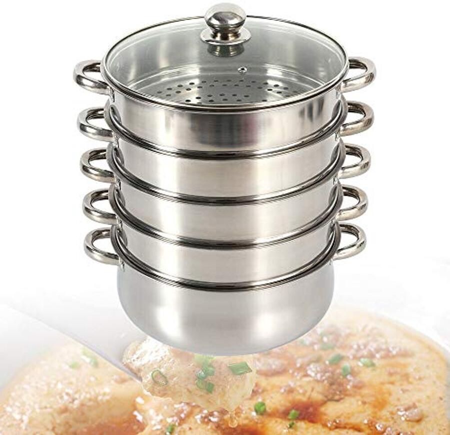 5-laags roestvrijstalen stoomkoker met glazen deksel multifunctionele inductiestoompan voor gezond koken