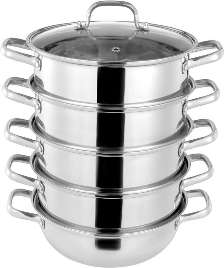 5-laags Stoompan 28 cm RVS met Glazen Deksel