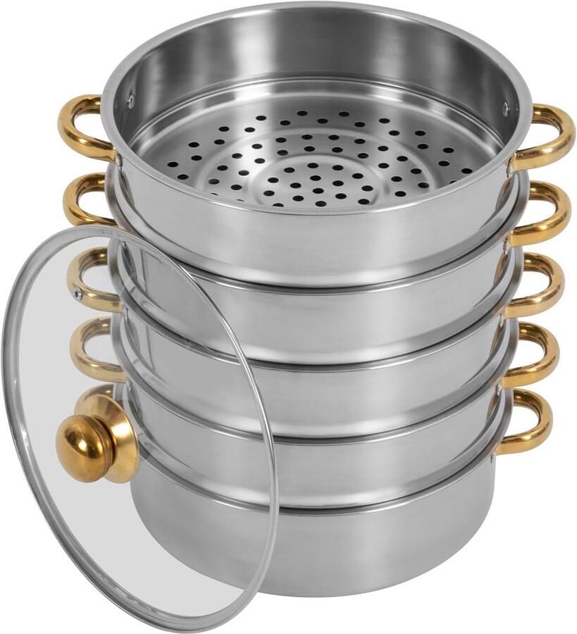 Stoompan Roestvrijstaal Vijflaags Kookgerei Gezond Koken Multifunctioneel Stapelbaar 30 cm Diameter Zilver