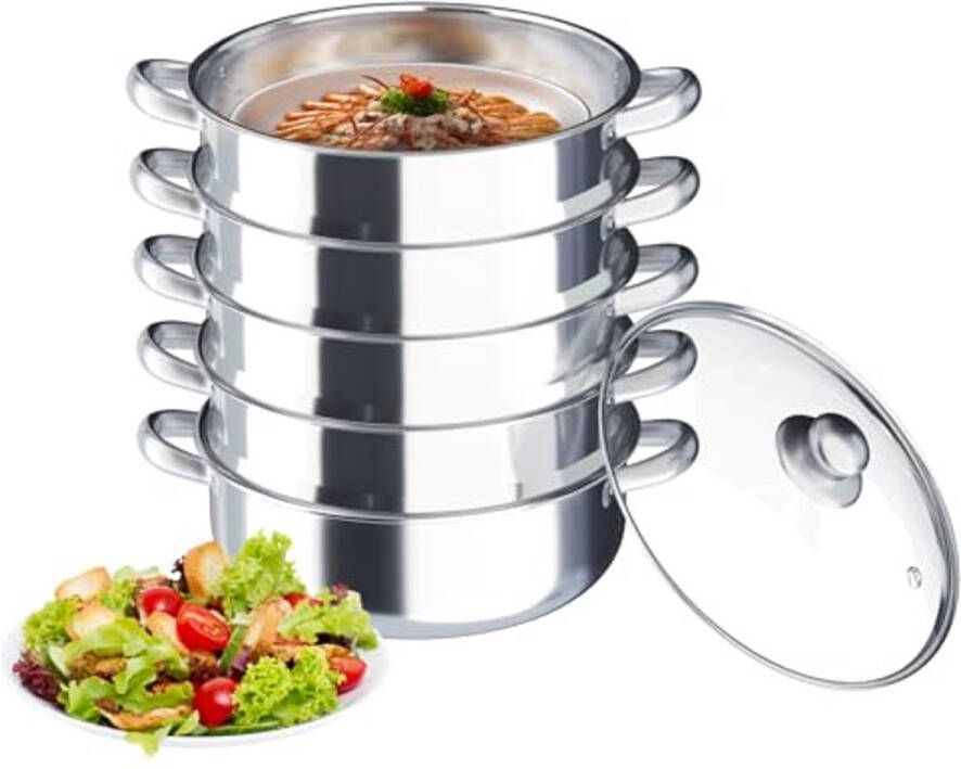 5-laags Stoompan van Roestvrij Staal Multifunctionele Groentestomer met Glazen Deksel Geschikt voor Inductie en Gasfornuizen 28 cm
