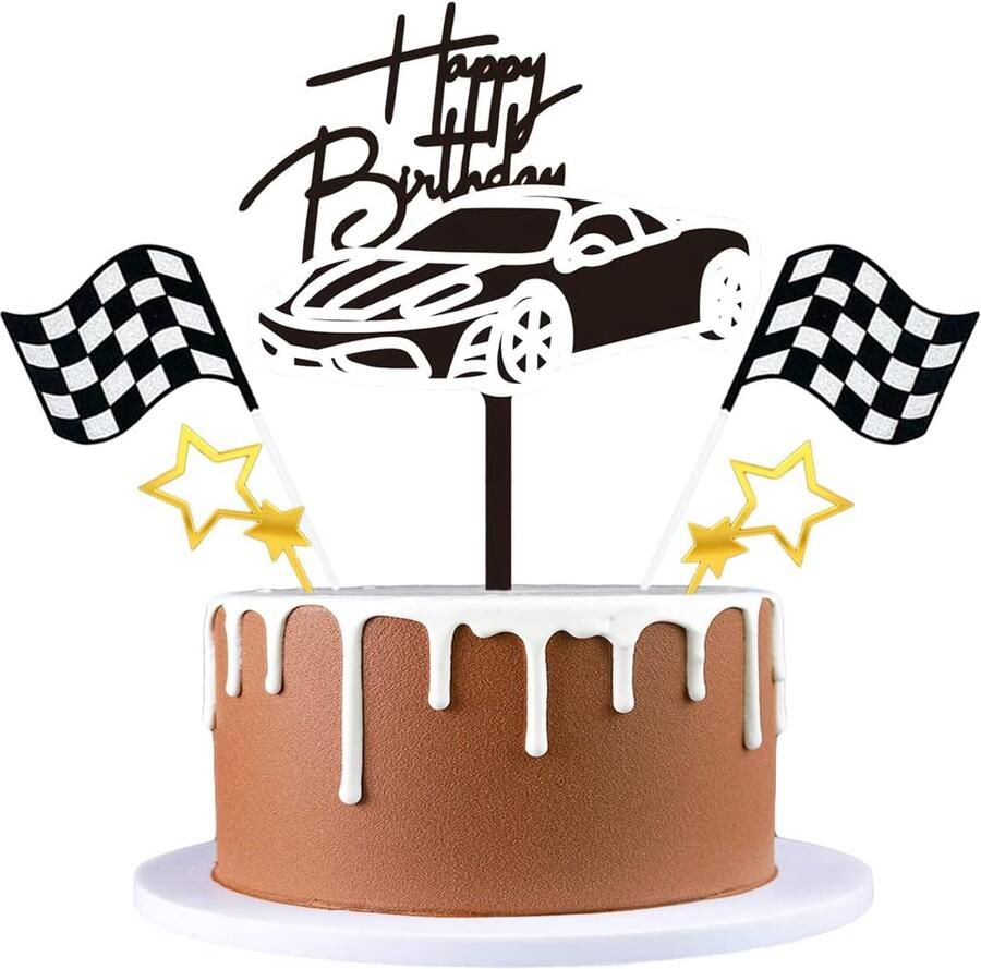 5 stuks acryl auto taart topper raceauto gelukkige verjaardag taart topper racen thema cupcake toppers met ster geruite vlaggen taart pick voor verjaardagsfeestje decoratie zilver