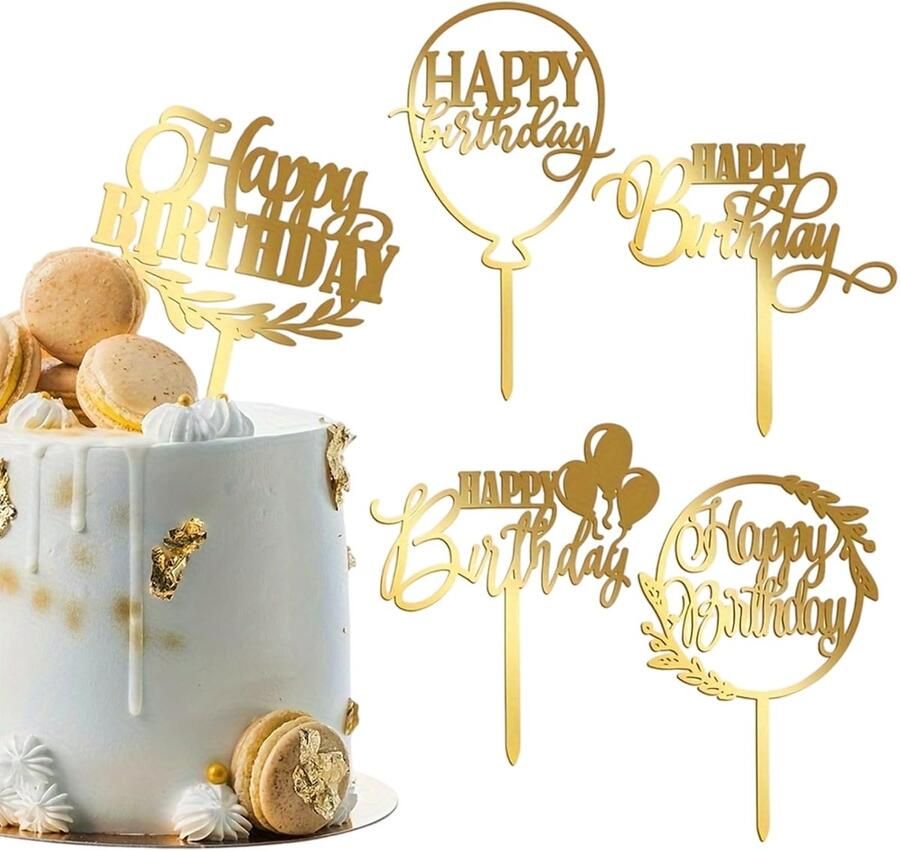 5 Stuks Gouden Happy Birthday Taartdecoratie – Acryl Cake Topper met Ballon & Laurier Ideaal voor Verjaardag & Snoepbuffet
