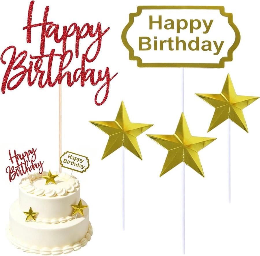 5 stuks Happy Birthday-taartdecoratie glanzend Happy Birthday