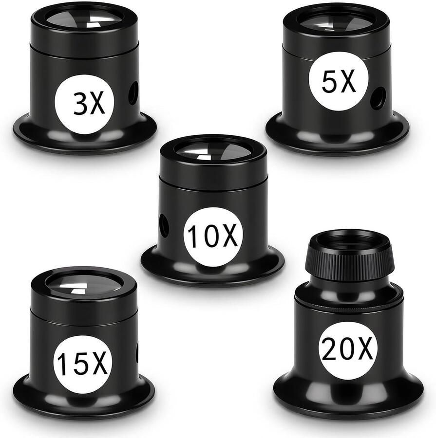 5 stuks horlogemakersloep 3x 5x 10x 15x 20x juweliersvergrootglas oogvergrootglas set juwelier oculair voor horloge sieraden munten eenvoudig te identificeren en te zien