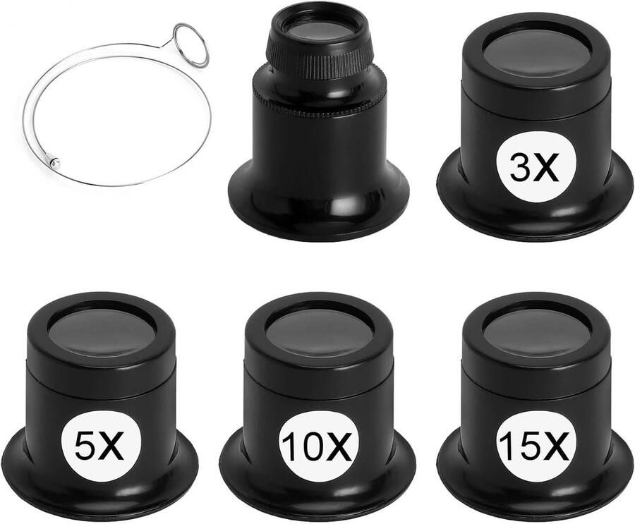 5 Stuks Horlogemakersloep Set Juweliersloep 3X 5X 10X 15 X 20 met Stalen Ring Monoculaire Loep met Dubbele Glazen Lens voor Horloges Sieraden Diamanten Munten
