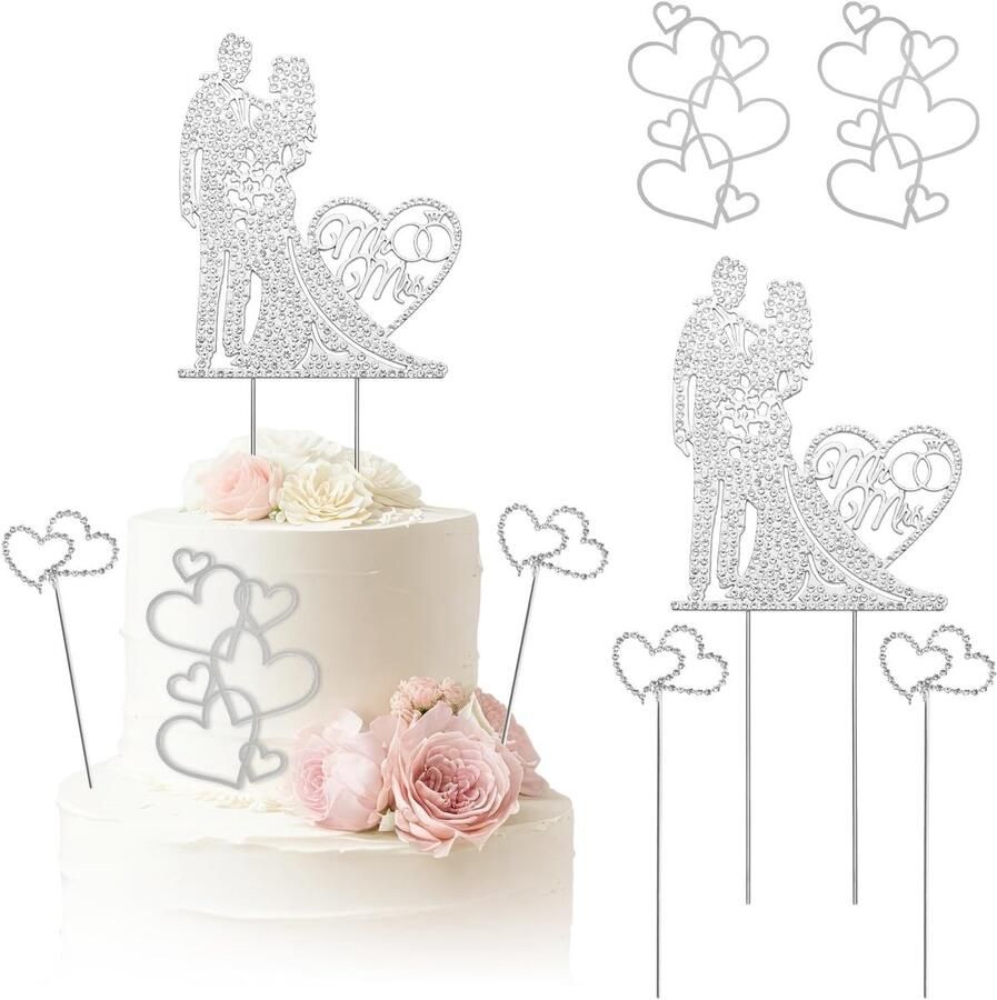5 stuks Mr en Mrs bruidstoppers voor taart strass bruid en bruidegom liefde bruidstaart decoraties metalen kristallen hartvormige voor bruidsdouche verloving jubileumfeest zilver