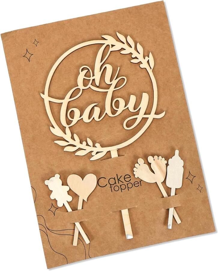 5 stuks Oh Baby Cake Houten Taartdecoratie voor Babyshower Slinger Oh Baby Sex Reveation Party Decoratie