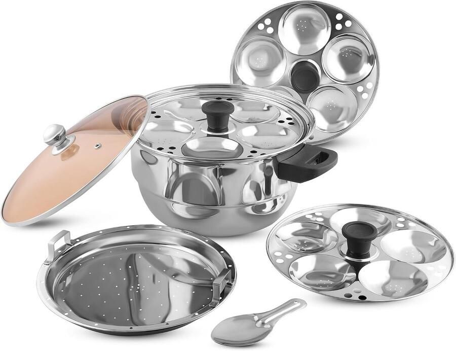 5 Stuks Roestvrij Staal Inductie Vriendelijk Doorzichtige deksel Idli Koker Multi Kadai voor Indiaas Koken met 3 Idli Borden (15 Idlis) 1 Patra Bord en 1 Idli Lepel Zilver