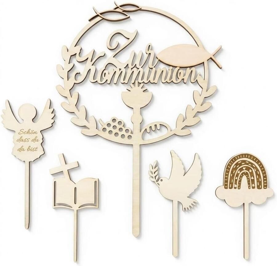 5 stuks taarttoppers confirmatie houten taartdecoratieset voor vormsel taart eerste communie doop taartsteker voor jongens en meisjes