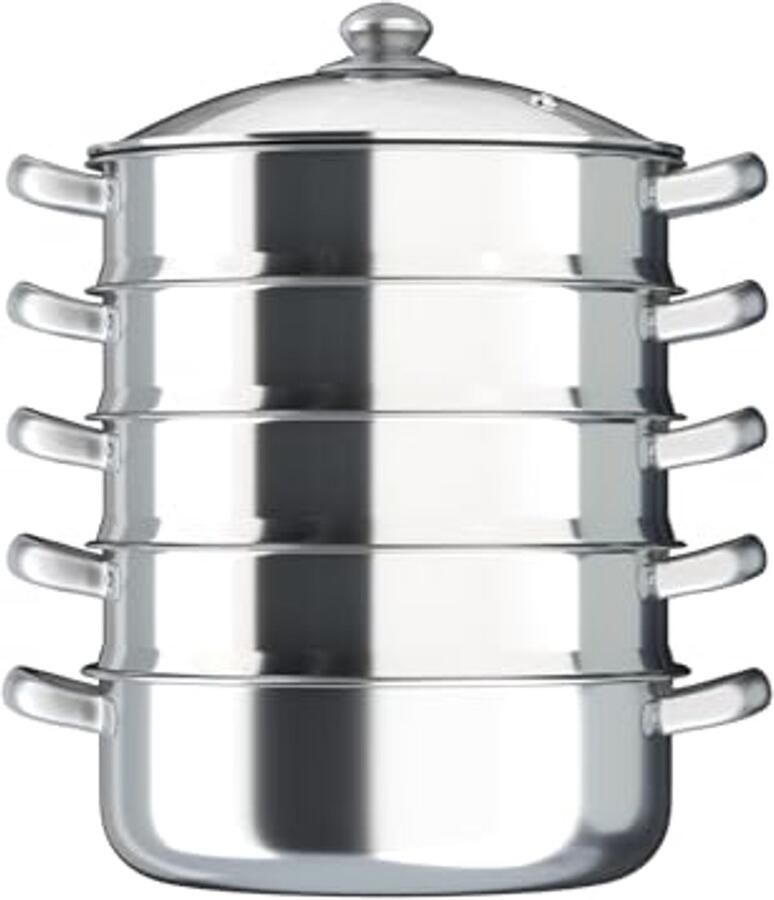 5-traps stoompan van roestvrij staal met glazen deksel ideaal voor het koken van groenten en dim sum