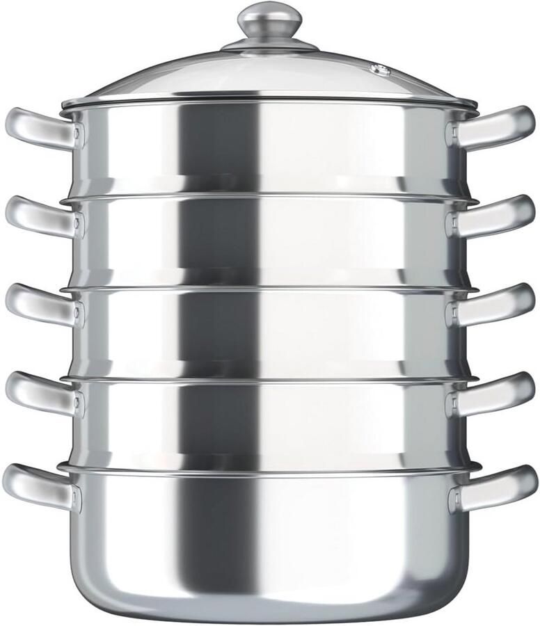 5-traps stoompan van roestvrij staal met glazen deksel ideaal voor het koken van groenten en dim sum