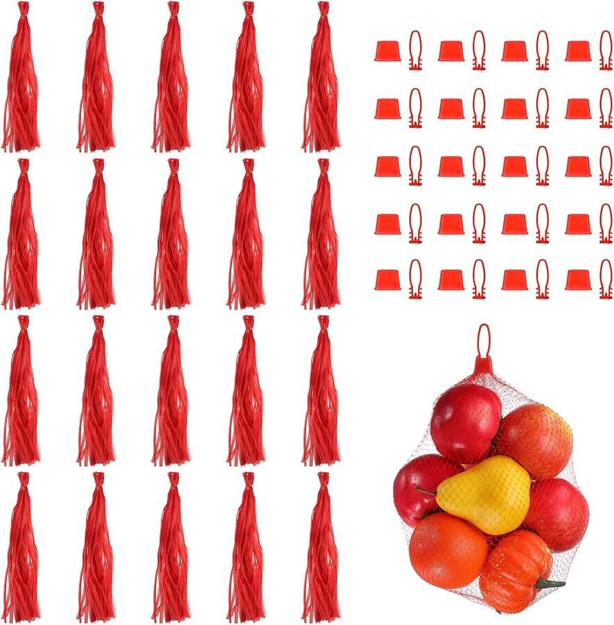 50 eierbroedzakjes 61 cm herbruikbaar nylon net voor groenten en fruit met gespsluitingen robuust en elastisch kunststof voor het koken van rood