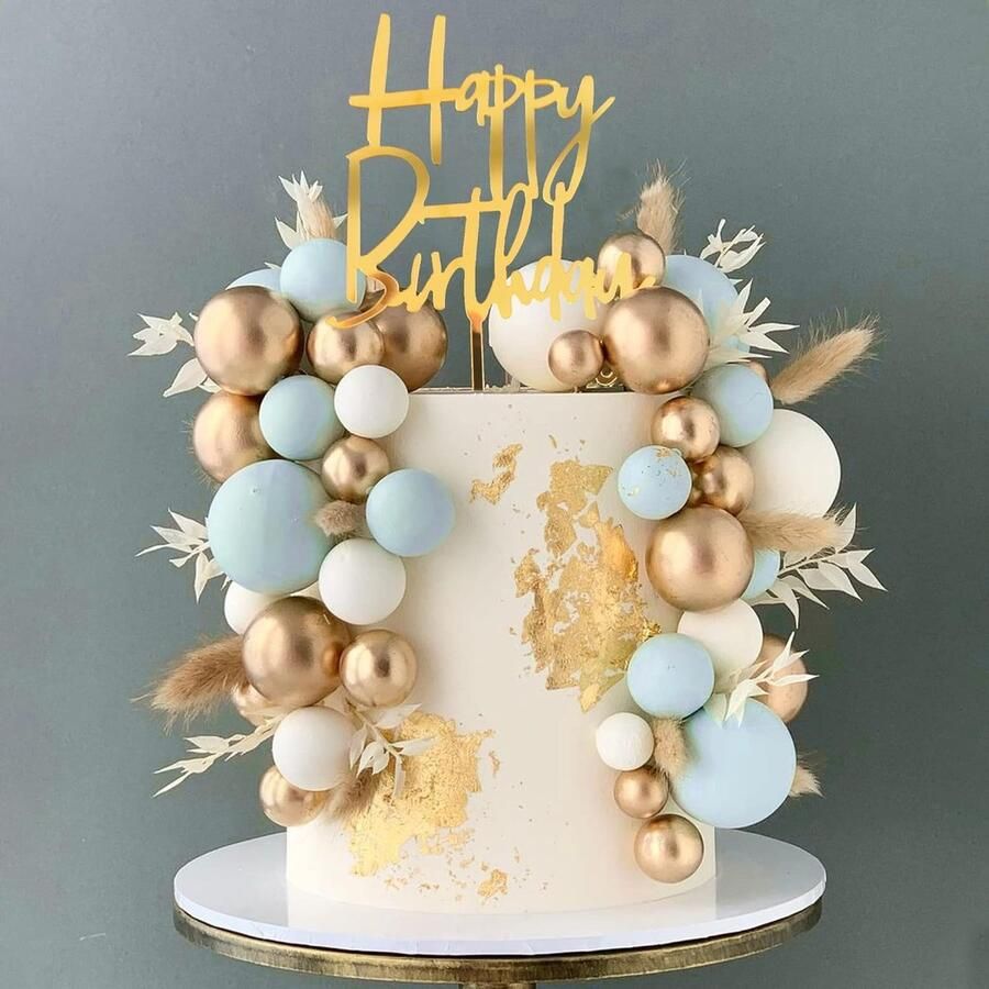 50 Pcs Blue Ball Cake Topper，Balls for Cake Decorating丨Blue White Gold Pearl Balls，Ball Cake Toppers for Birthdays Bohemian Celebrations Christenings Etc
