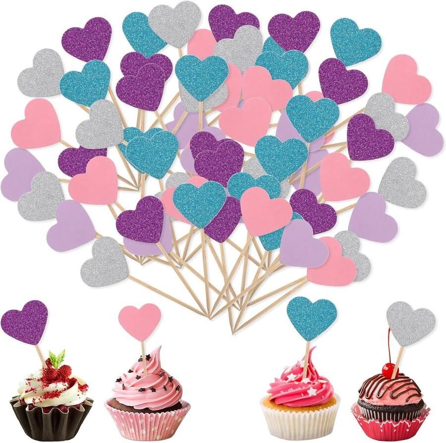 50 stuks hartvormige cupcaketoppers veelkleurige glitter hart cupcaketoppers mini verjaardagstaart snackdecoraties voor huwelijksverjaardag verjaardag Valentijnsdag feestbenodigdheden