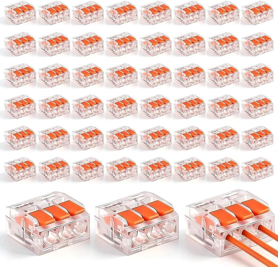 50 stuks kabelverbinders met bedieningshendel 3-polige elektrische aansluitklemmen aansluitblokken verbindingsklemmen voor vaste en flexibele kabels (Oranje)