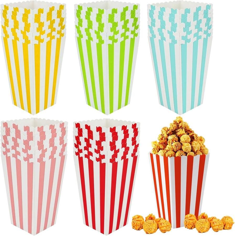 50 Stuks Popcorn Dozen Klein Popcorn Dozen in 5 Kleuren Retro Strepen Popcorn Dozen van Karton Papieren Popcorn Dozen Snoepcontainers voor Cinema Filmavonden Verjaardagen en Feesten