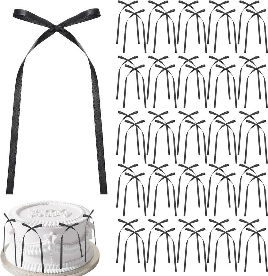 50 stuks zwarte strik taarttopper FAURAPMNG satijnen lint strik voor taart cupcakes traktatiezakken doe-het-zelf ambachten bruiloft babyshower verjaardagsfeestje decoraties flirt vintage thema