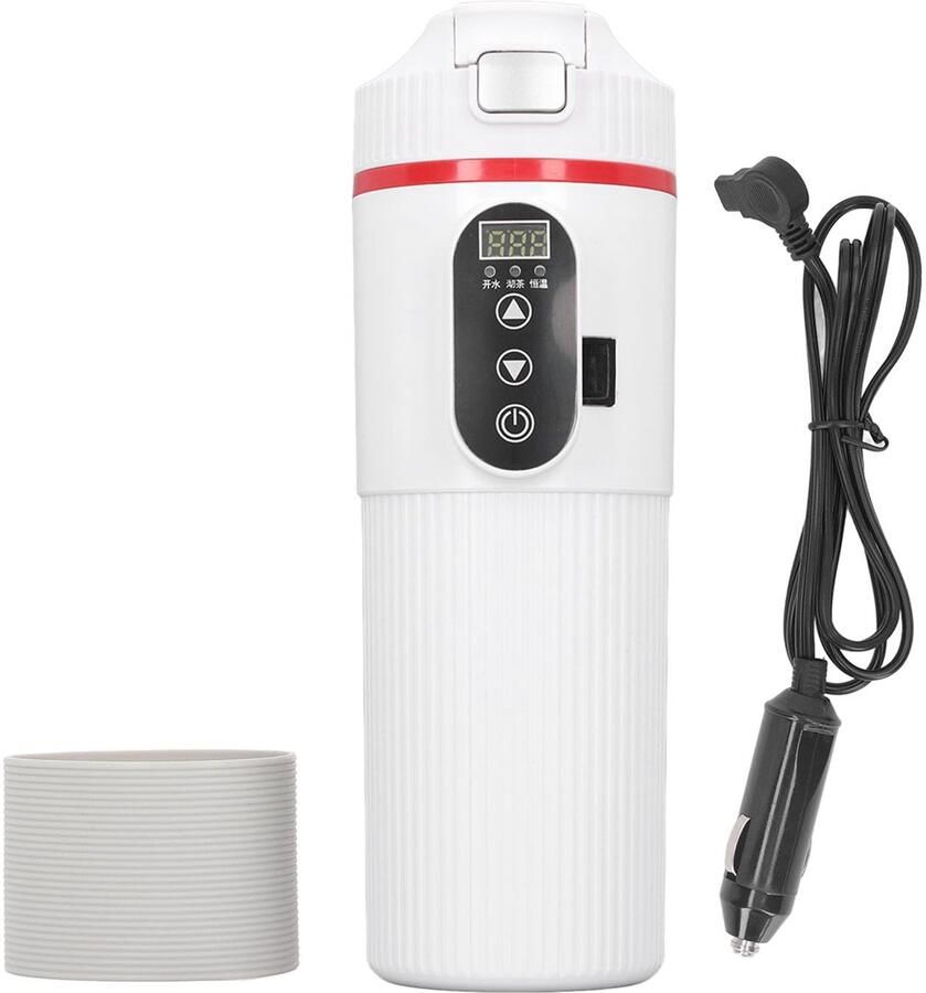 500 Ml Auto-waterkoker 12V 24V Roestvrijstalen Auto Verwarmde Kop met Sigarettenaansteker Draagbare Reiswaterkoker Elektrische Verwarmingsmok voor Koffie Thee Noedels in (WHITE)