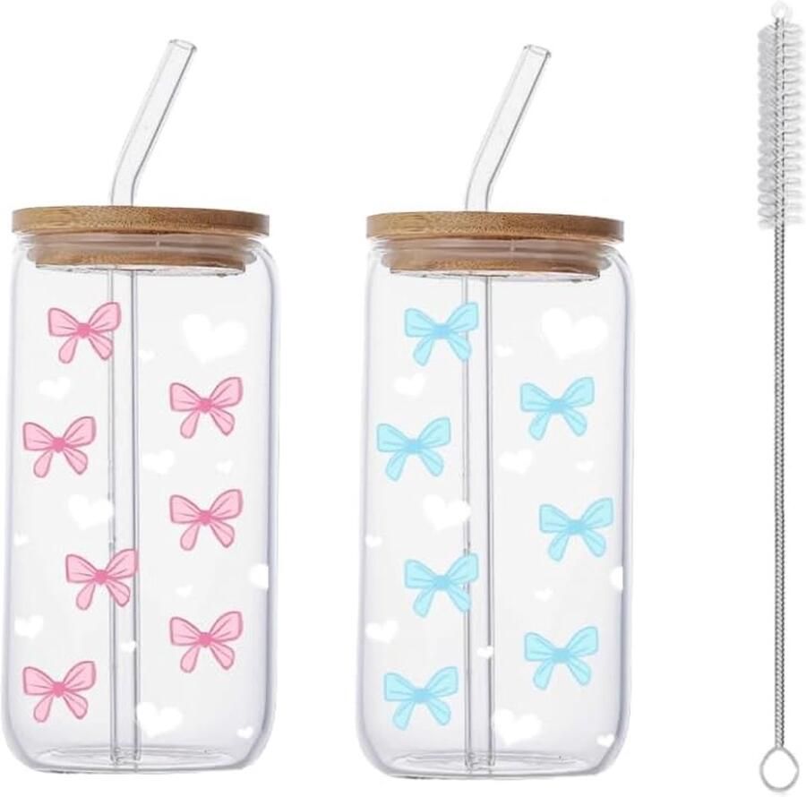 500 ml Beker Met Deksel Drinkbeker Matcha-Beker Multifunctionele Koele Koffiebeker voor Melkthee Dranken Koffie Thee en Cocktails Roze en Blauwe Vlinderknoop Set van 2 Stuks