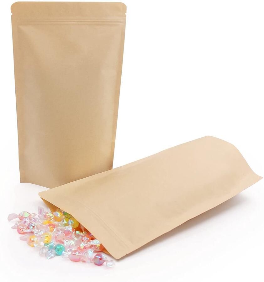 50Pcs 18X30Cm Kraft Stand Up Voedselzakken Zip Lock Herbruikbare Verpakkingszakjes Folie Gevoerd met Scheurinkeping Dikker Warmte-Sealable voor Opslaan Koekje Snack Thee en Drinken