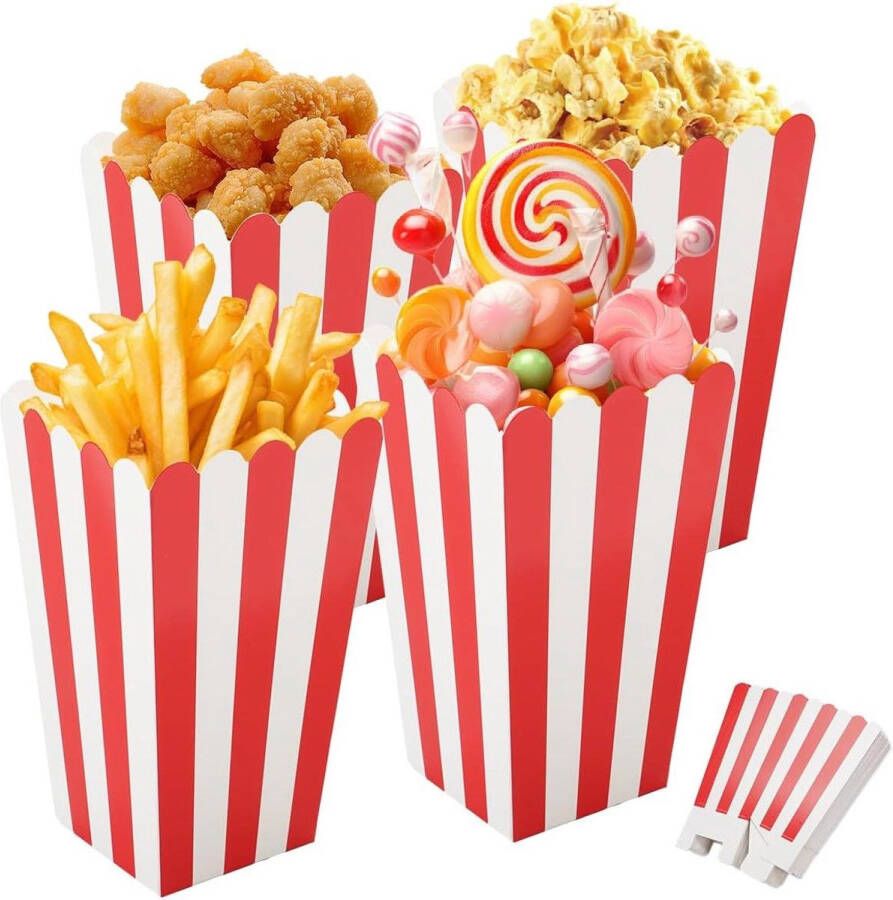 50pcs Popcorn Boxes Small Easy to Use Water and Oil Resistant Popcorn Cardboard for Popcorn Fried Snacks Candy Potato Chips French Fries Red Stripes