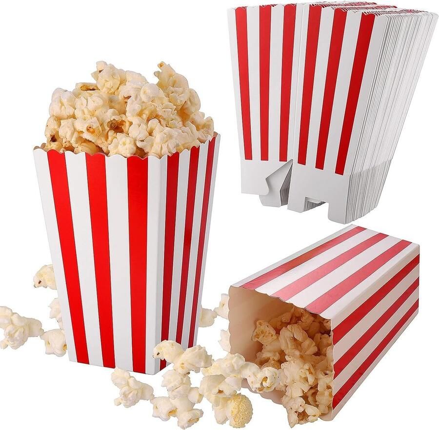 50PCS Rode en Witte Gestreepte Popcorn Dozen Kleine Papieren Snoepdozen Retro Popcorn Zakjes voor Feest Verjaardag Filmavond Logeerpartij Traktaties